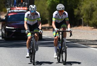 GUMERACHA AUSTRALIA JANUARY 21 LR Zac Marriage of Australia and Fergus Browning of Australia and ARA Australian Cycling Team compete in the breakaway during the 25th Santos Tour Down Under 2025 Stage 1 a 1507km stage from Prospect to Gumeracha 342m UCIWT on January 21 2025 in Gumeracha Australia Photo by Dario BelingheriGetty Images