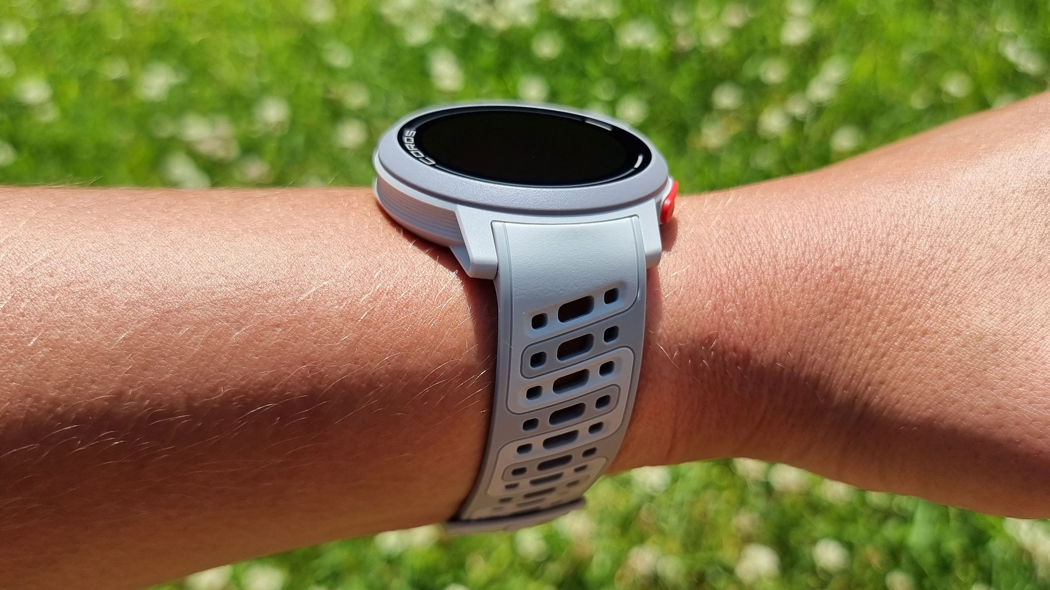 A close-up picture of our reviewer wearing the Coros Pace Pro watch