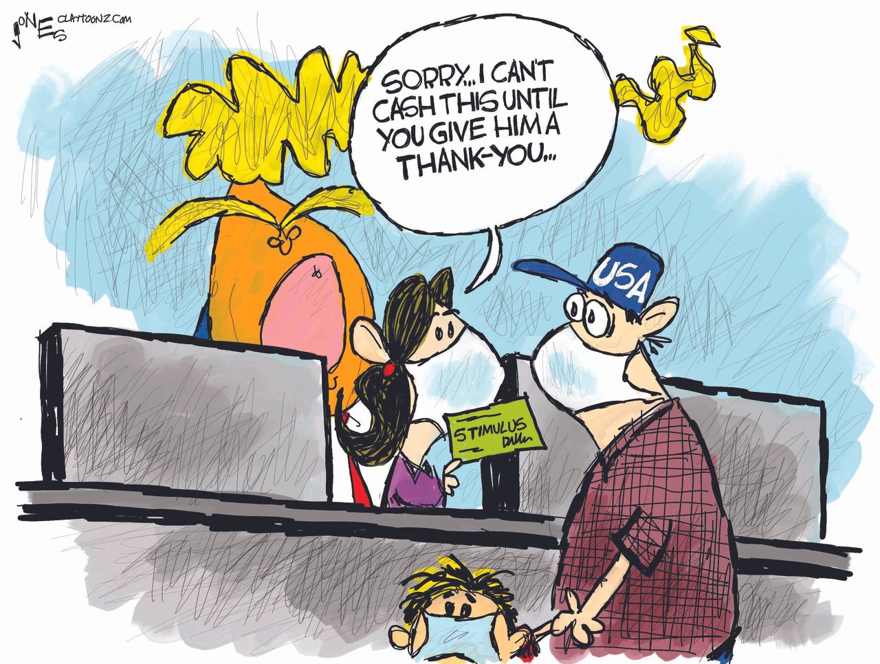 Political Cartoon U.S. praise Trump stimulus check coronavirus banker