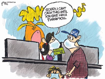 Political Cartoon U.S. praise Trump stimulus check coronavirus banker