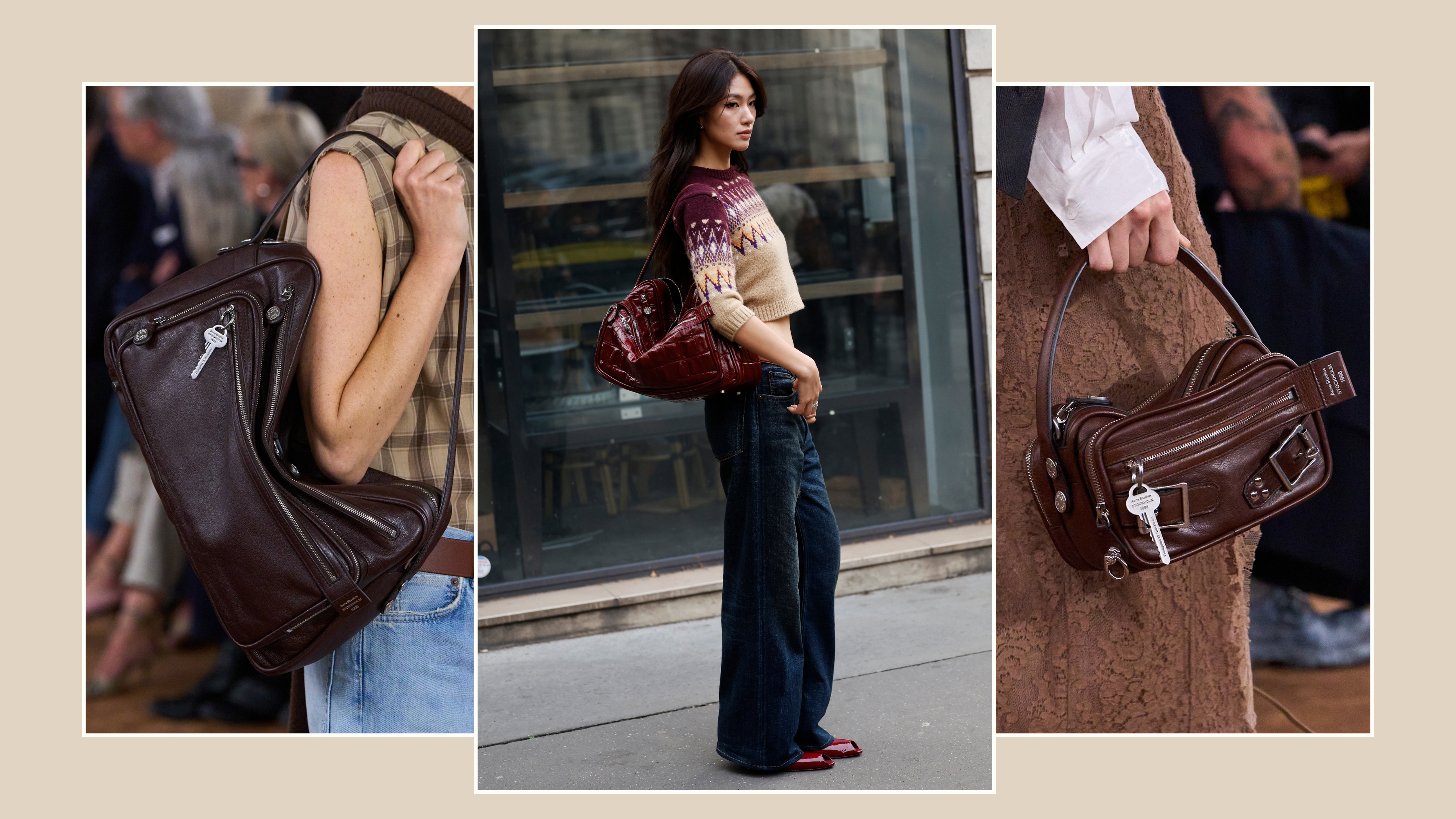 A collage of camera bags, on the runway and street style.