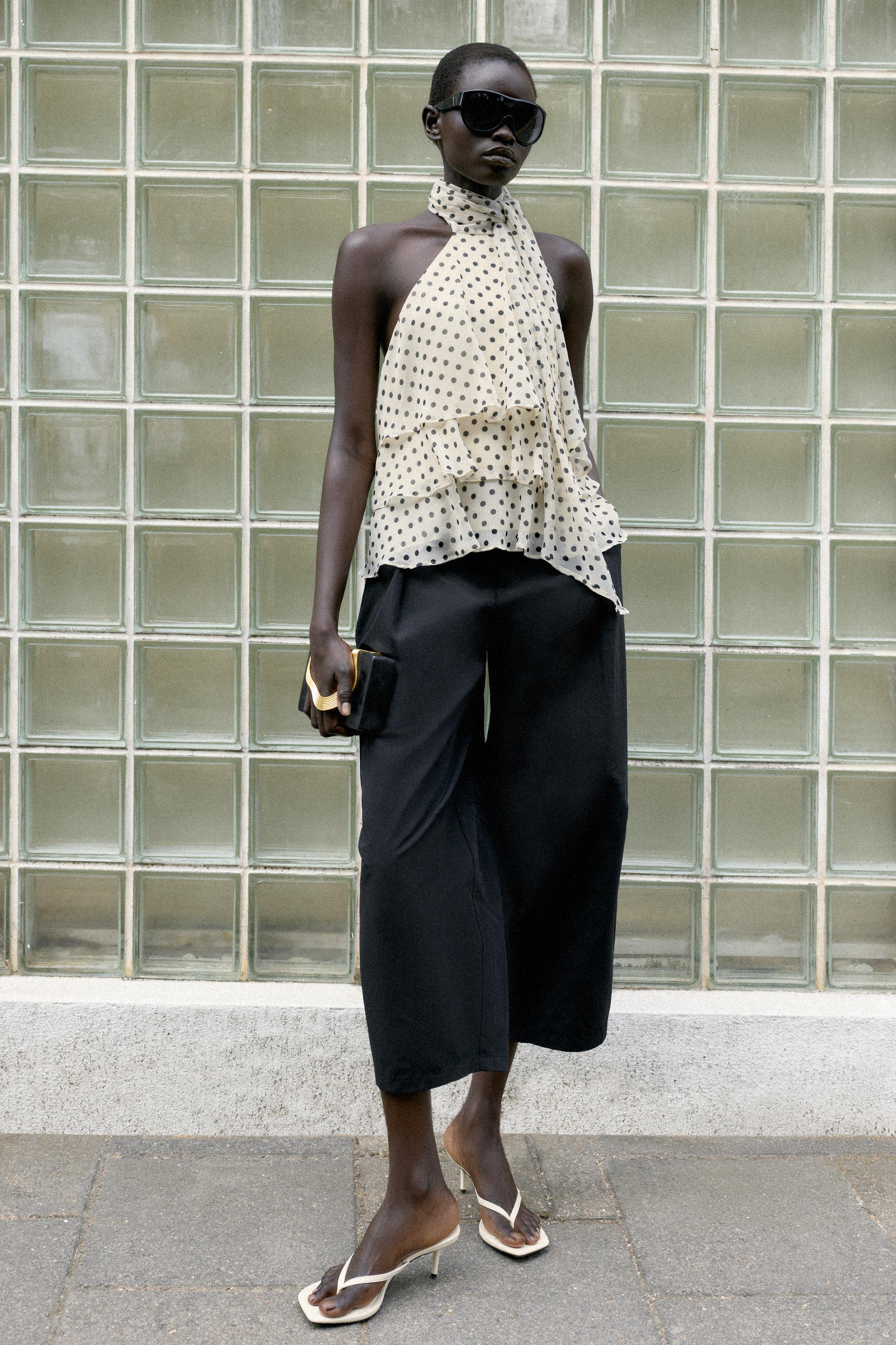 Ruffled Halter Neck Top With Dots - Ecru / Black - Xs