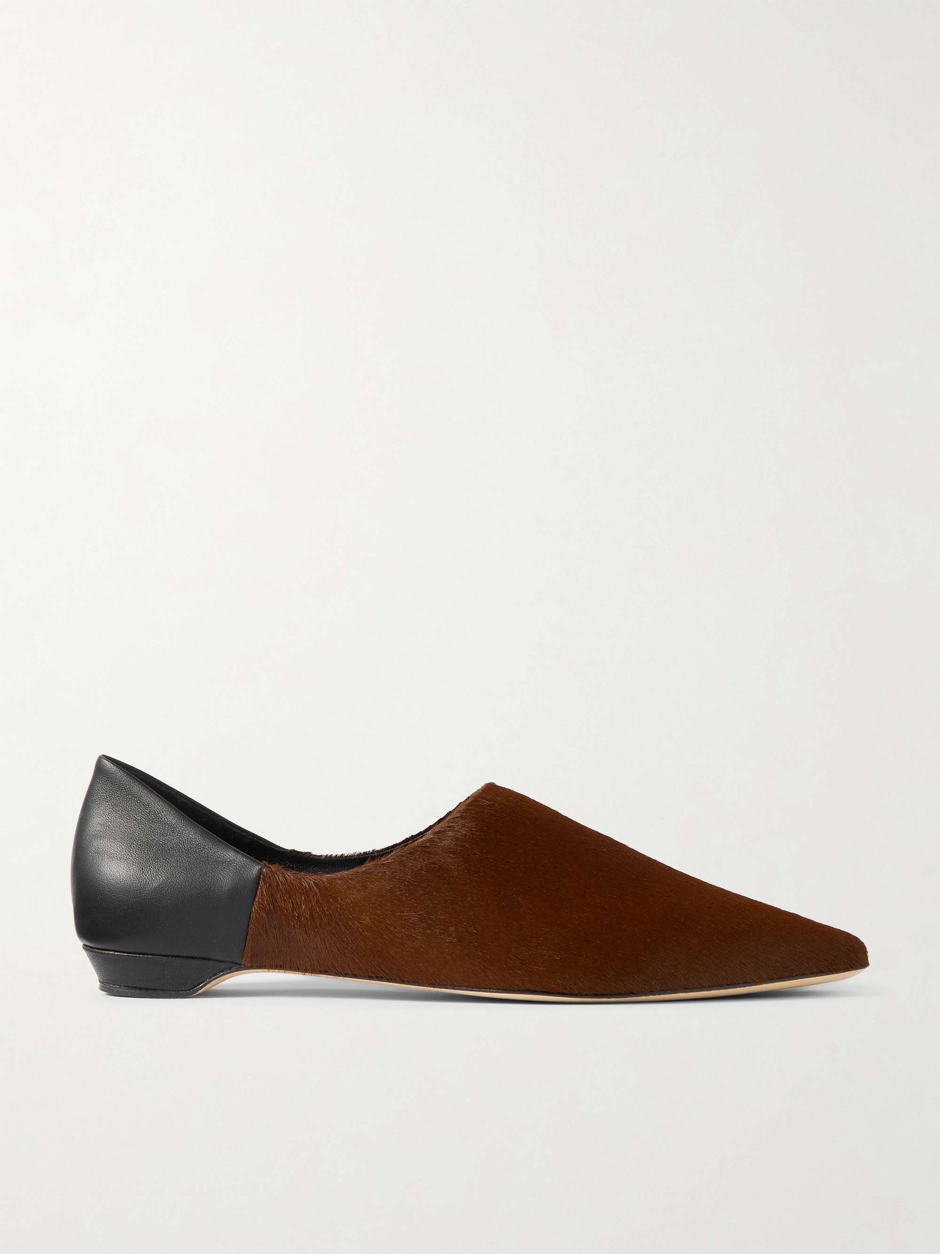 Collapsible-Heel Leather and Calf Hair Mules