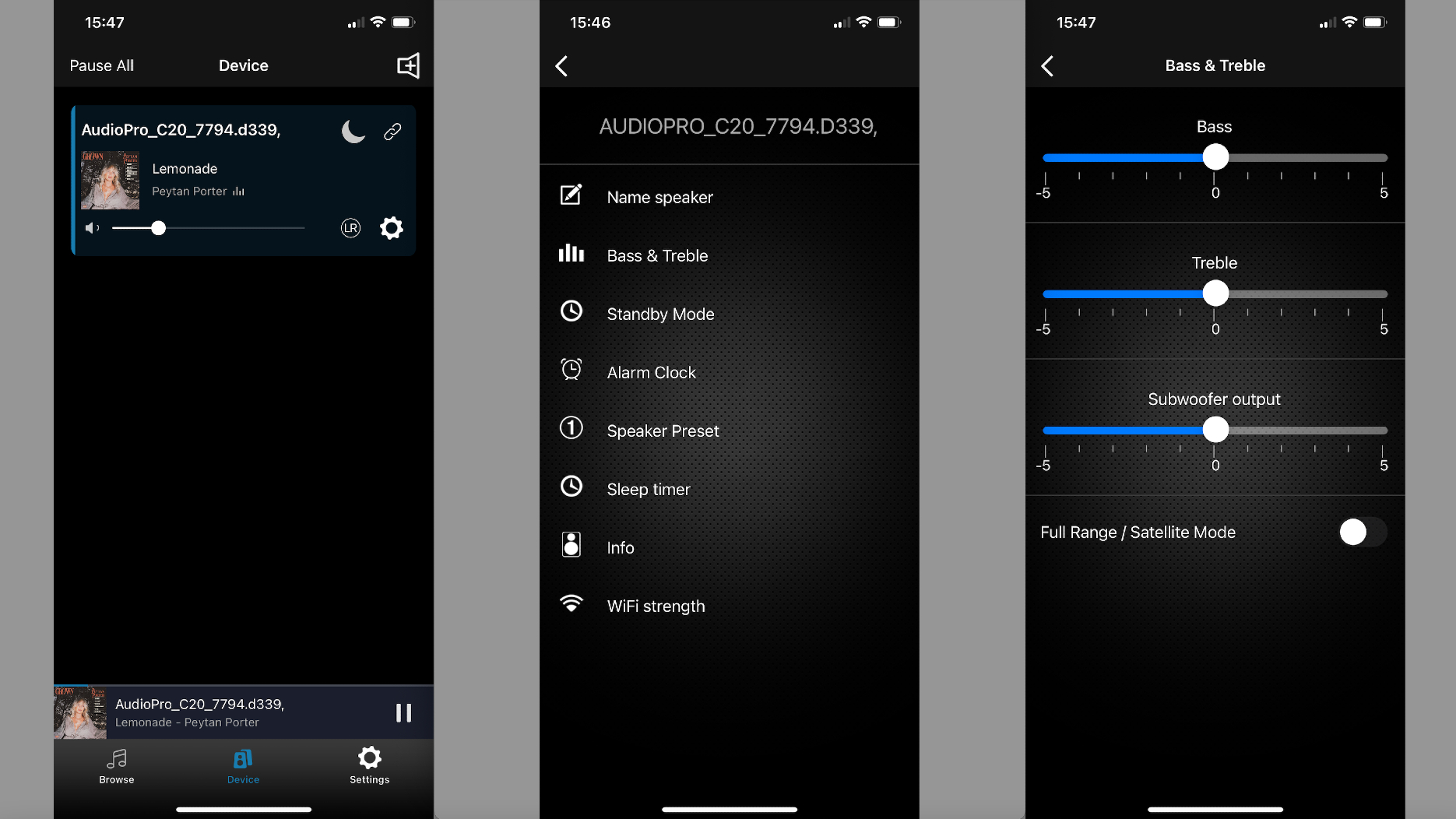 Audio Pro C20 app, three screen-grabs on gray background