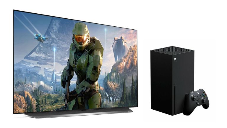 Xbox Series X with TV on white background