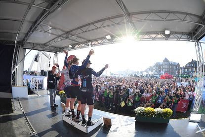 Huge crowds watch the final podium celebrations following stage six of the 2021 AJ Bell Women's Tour in Felixstowe, Suffolk