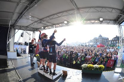 Huge crowds watch the final podium celebrations following stage six of the 2021 AJ Bell Women&#039;s Tour in Felixstowe, Suffolk