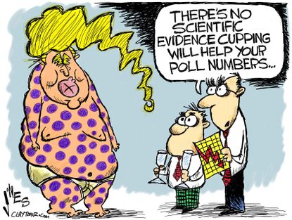 Political cartoon U.S. Donald Trump cupping poll numbers