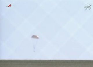 A Russian Soyuz TMA-07M spacecraft carrying the International Space Station's three-man Expedition 35 crew is seen just before landing in this video still from the touchdown on May 14, 2013 (May 13 EDT) on the steppes of Kazakhstan.