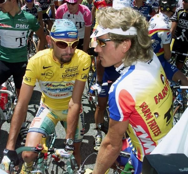 Marco Pantani and Sergei Outschakov during the infamous neutralised stage to Aix-les-Bains during the 1998 Tour de France.