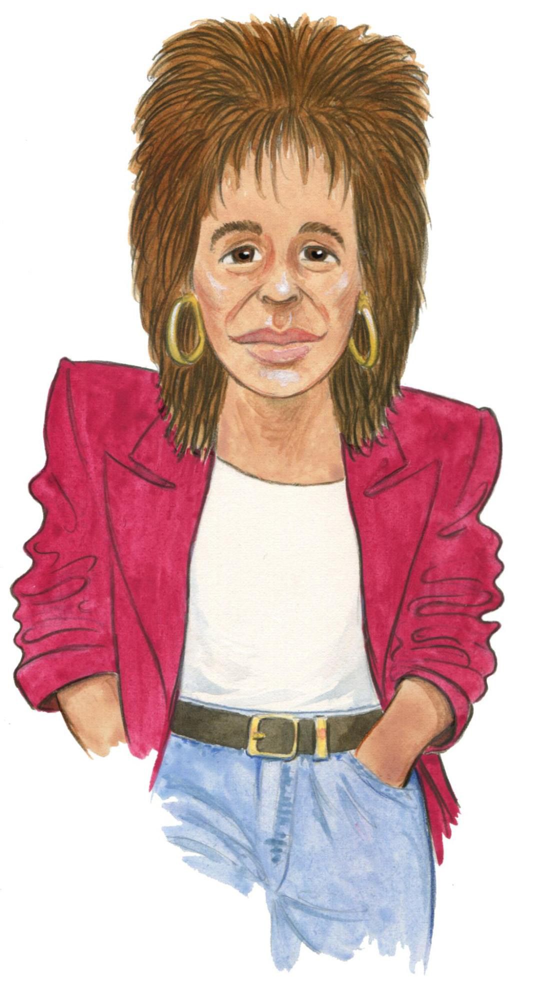 A drawing of a woman with tall hair, wearing a pink blazer, white shirt and blue jeans.