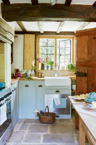 kitchen in beamed cottage with flagstones