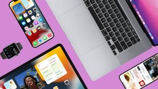 MacBook, iPad, iPhone, Apple Watch against a purple background