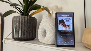 Fiio M23 portable music player upright on white shelf next to house plant