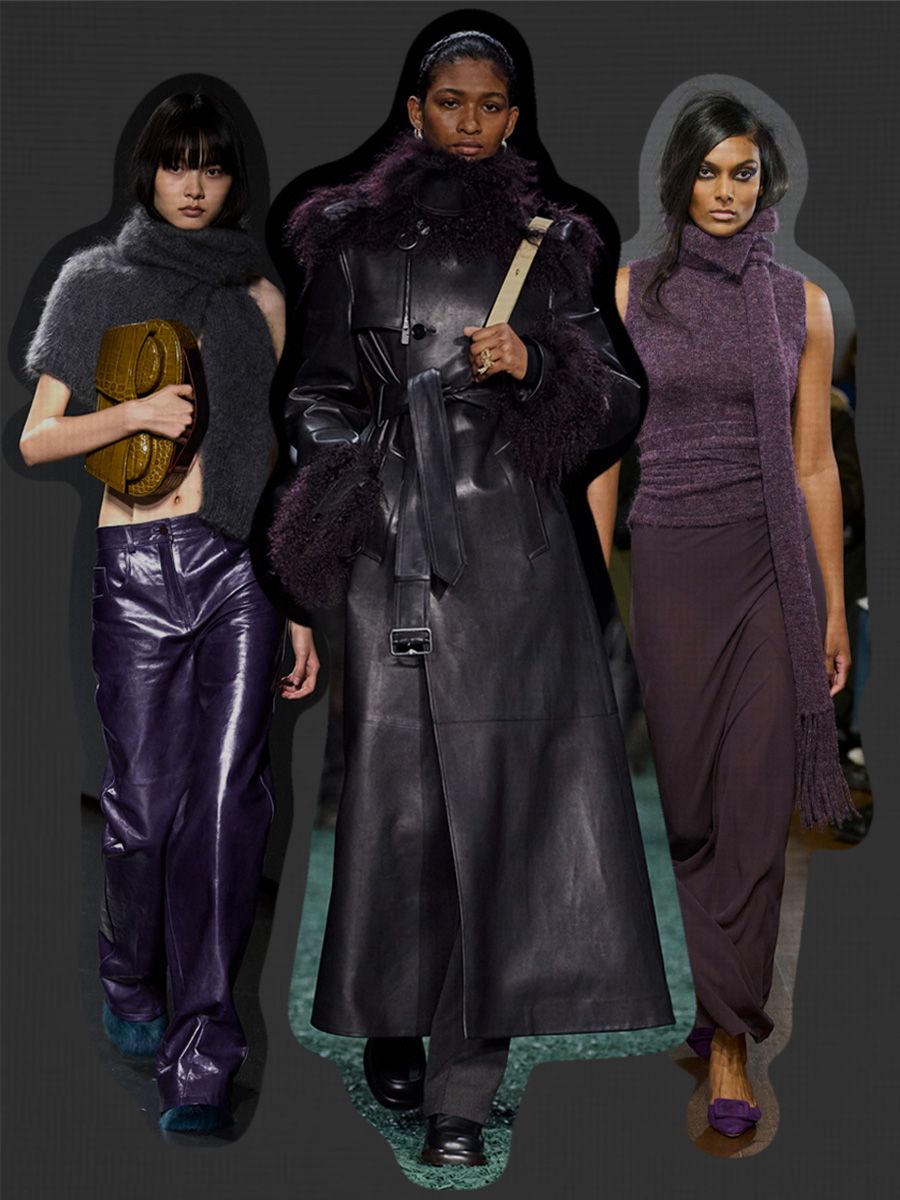 london fashion week trend, a collage of runway looks featuring eggplant-colored clothing