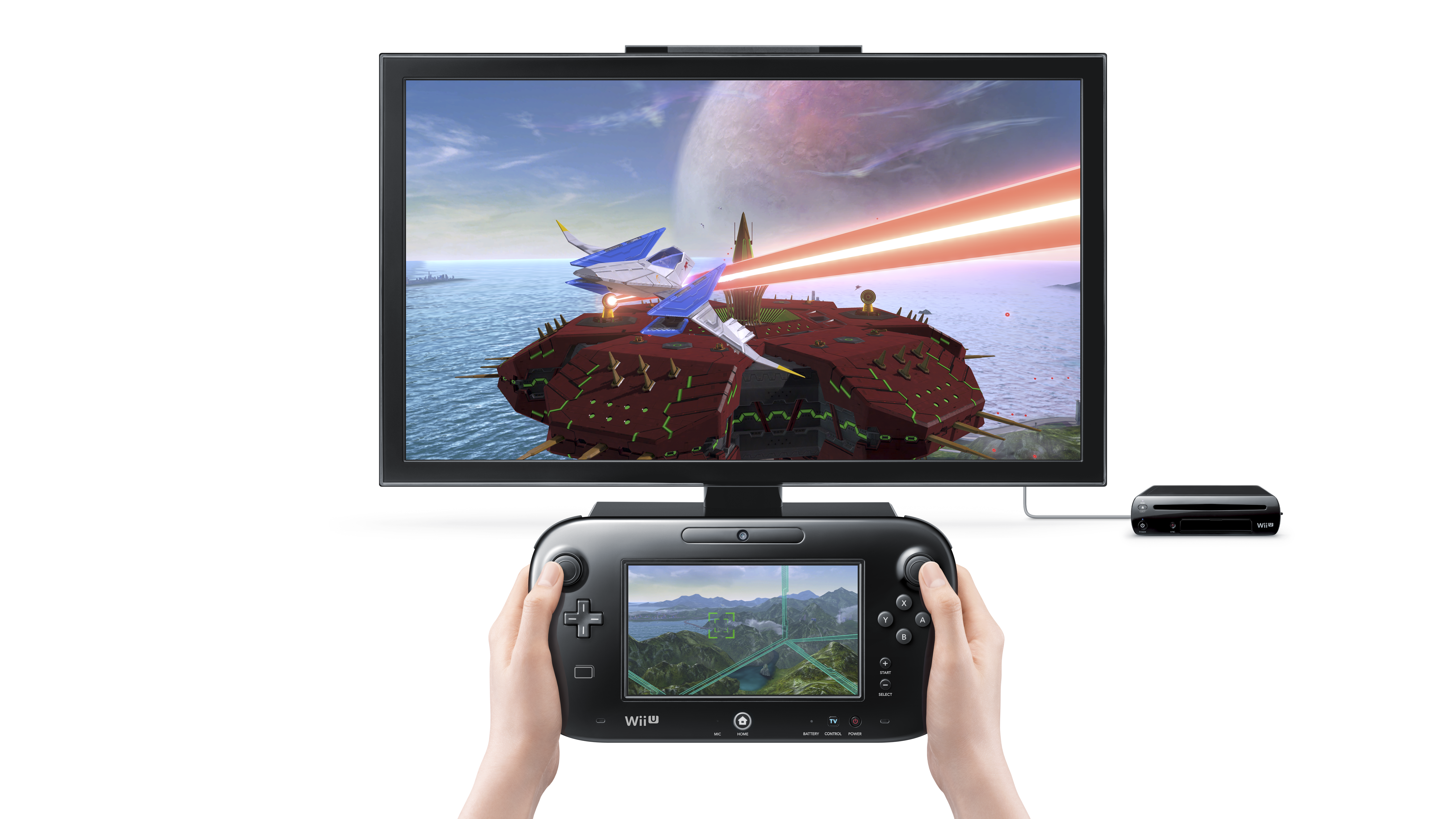 A Star Fox Zero promotional image showing the game running on a Wii U console.
