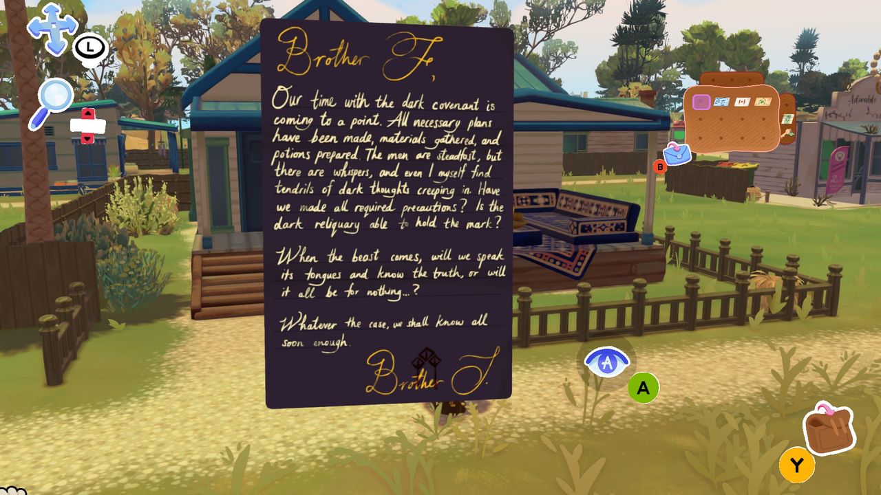 An assortment of images from Letters to Arralla, following a turnip with a juicy bum looking around a beautiful island, delivering mail, and talking to residents.