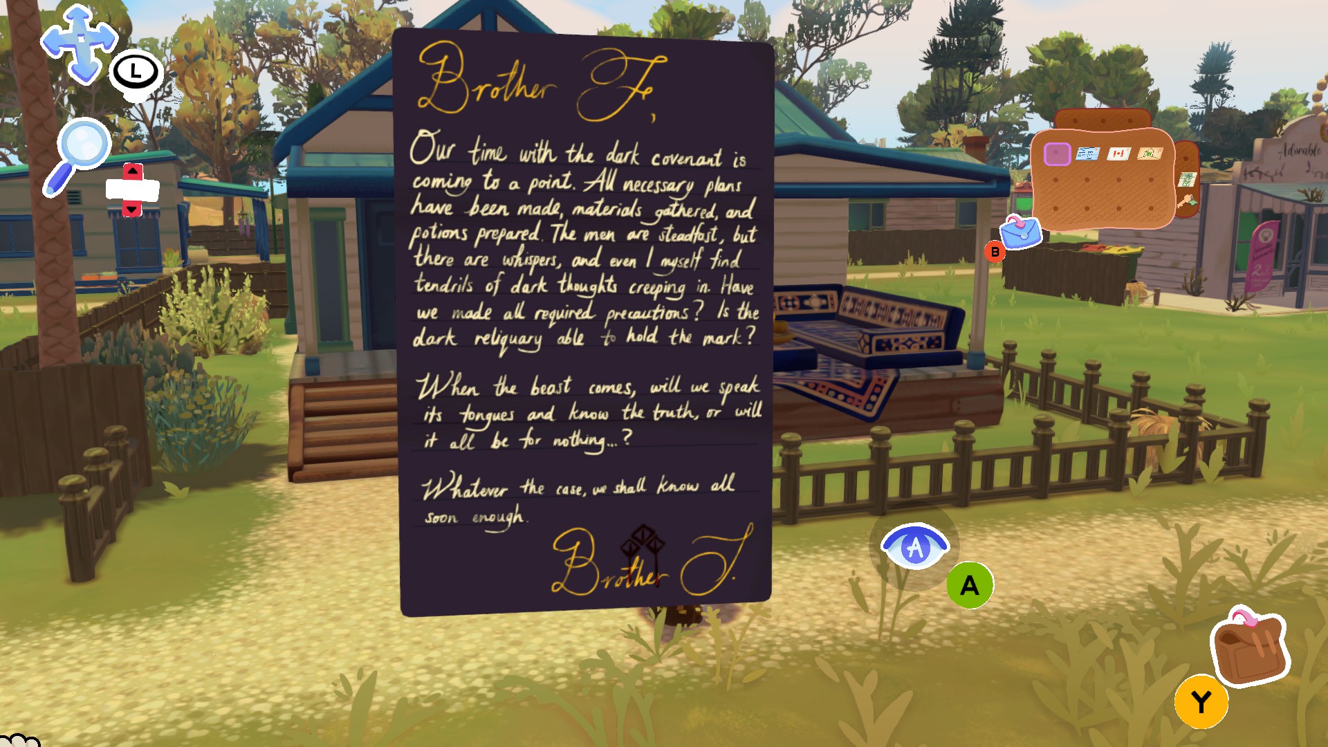 An assortment of images from Letters to Arralla, following a turnip with a juicy bum looking around a beautiful island, delivering mail, and talking to residents.