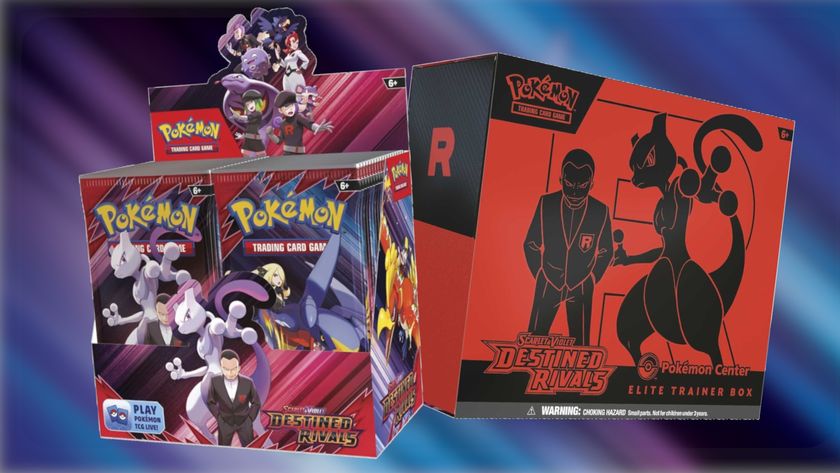 Pokemon Destined Rivals booster box and Elite Trainer box against a blue and purple background