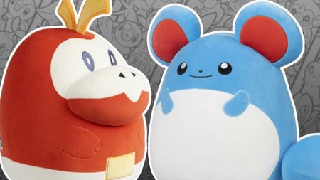 Fuecoco and Marill Squishmallows against a gray background filled with Pokemon outlines