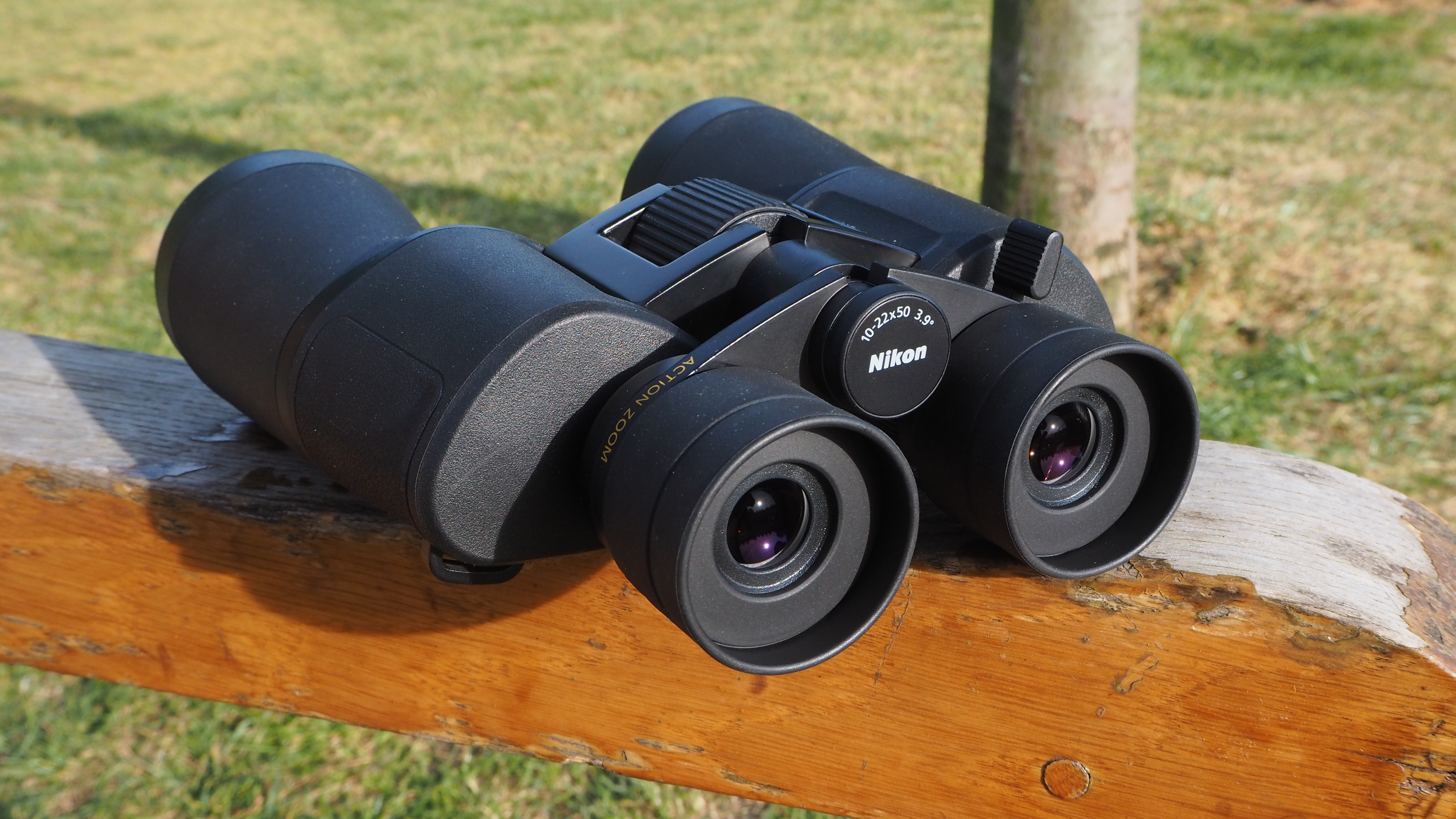 Nikon Action Zoom 10-22x50 binoculars on a post