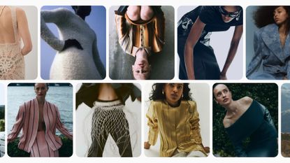 A collage of lookbook photos from the brands Abadia, Karen Arcanjo, Michelle Rhee, Sloan, Skarule, A.M.G., and Uni Form.