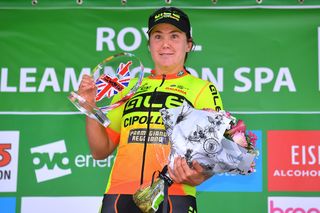 Chloe Hosking celebrates her stage 3 win at the Ovo Energy Women's Tour.