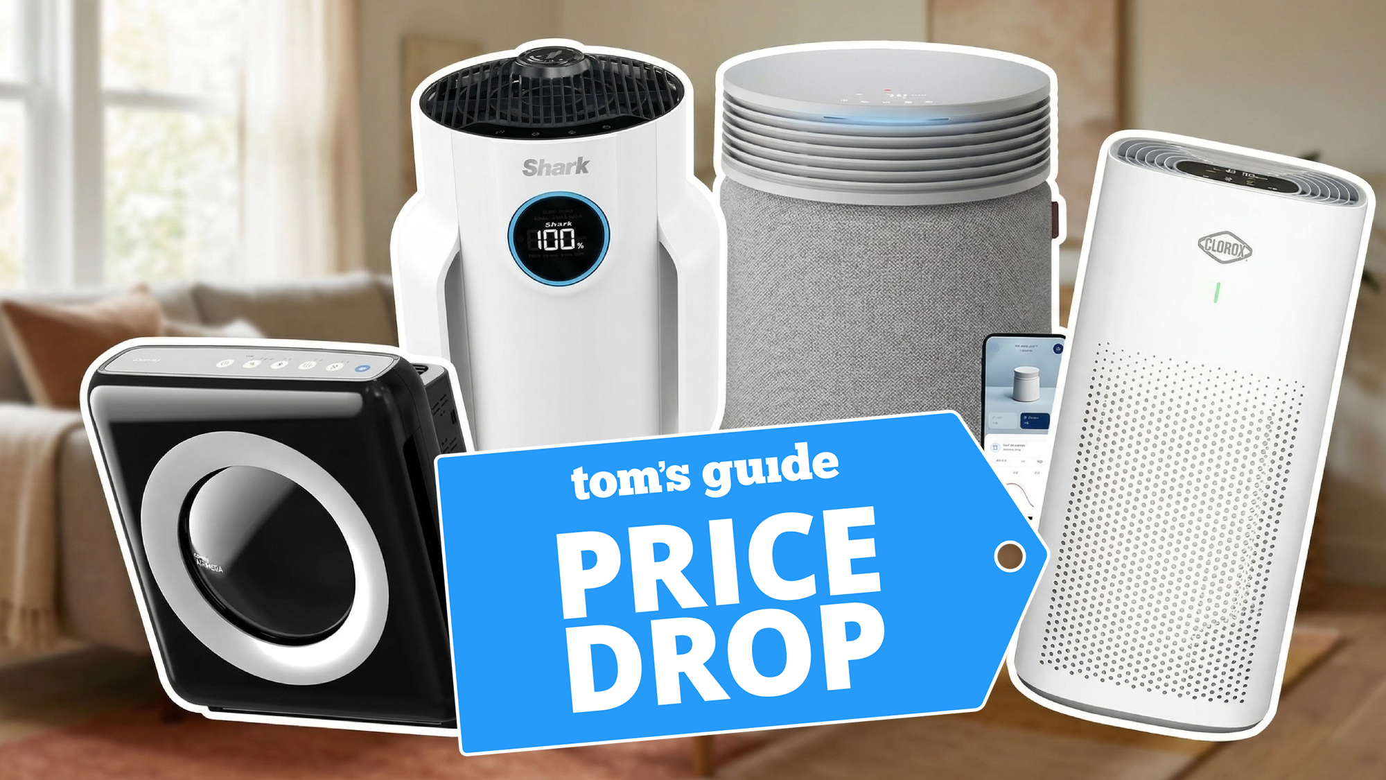 Collage of four air purifiers shown in a living room