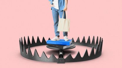 Illustration of a man with a tote bag and feminist books positioned inside a steel trap