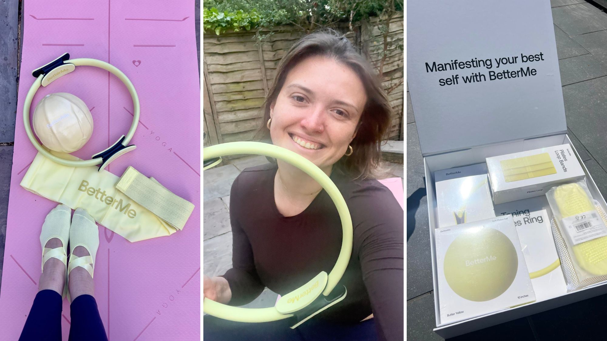 BetterMe review: Georgia's feet on her workout mat with her BetterMe resistance band, Pilates ball and Pilates ring