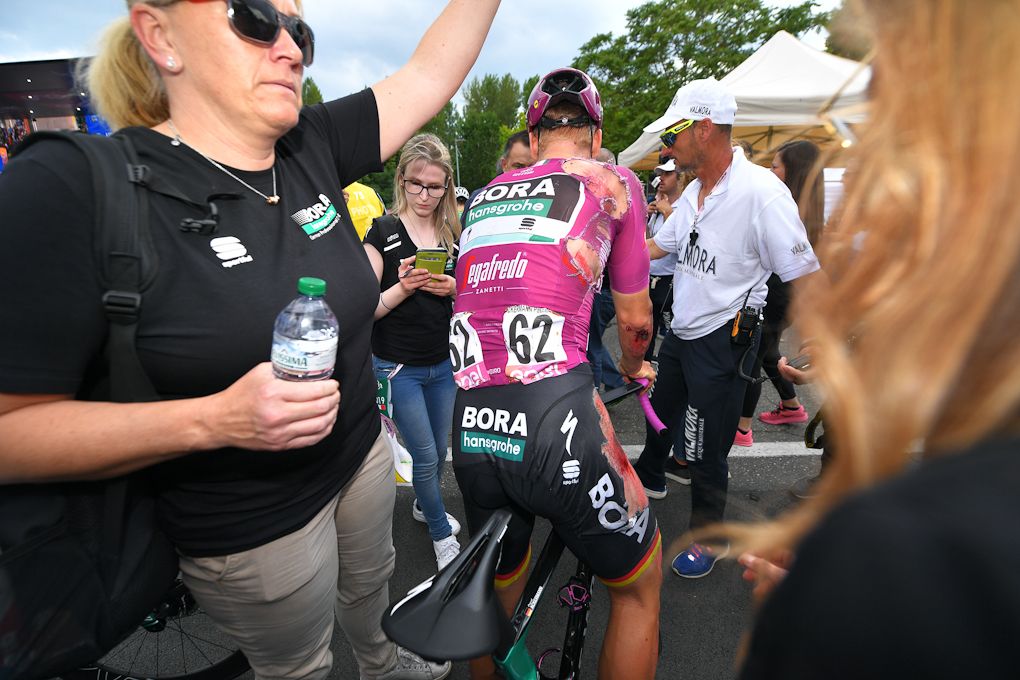 Pascal Ackermann's kit is in poor condition after his stage 10 crash in the Giro