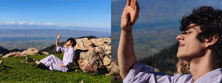 A side by side shot of an individual sitting on a hill blocking their eyes from the sun