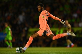 Lawrence Vigouroux of Leyton Orient sends the ball forward during the Carabao Cup First Round match between Forest Green Rovers and Leyton Orient at The New Lawn on August 09, 2022 in Nailsworth, England