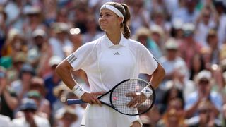 Karolina Muchova of Czechia reacts following victory over Coco Gauff of United States during their Ladies' Singles semifinal match