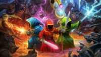 Three wizards in colorful robes, surrounded by monsters, in the box art for Magicka