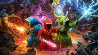 Three wizards in colorful robes, surrounded by monsters, in the box art for Magicka