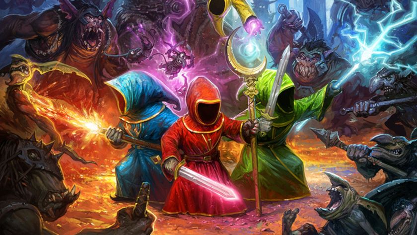 Three wizards in colorful robes, surrounded by monsters, in the box art for Magicka