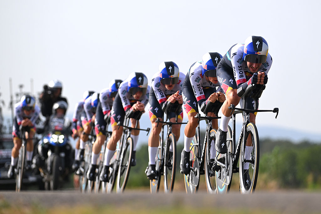 FIGUERES, SPAIN - AUGUST 27: Tim Van Dijke of Netherlands and Team Red Bull - BORA - hansgrohe competes during the La Vuelta - 80th Tour of Spain 2025, Stage 5 a 24.1km team time trial stage from Figueres to Figueres / TTT / #UCIWT / on August 27, 2025 in Figueres, Spain. (Photo by Tim de Waele/Getty Images)