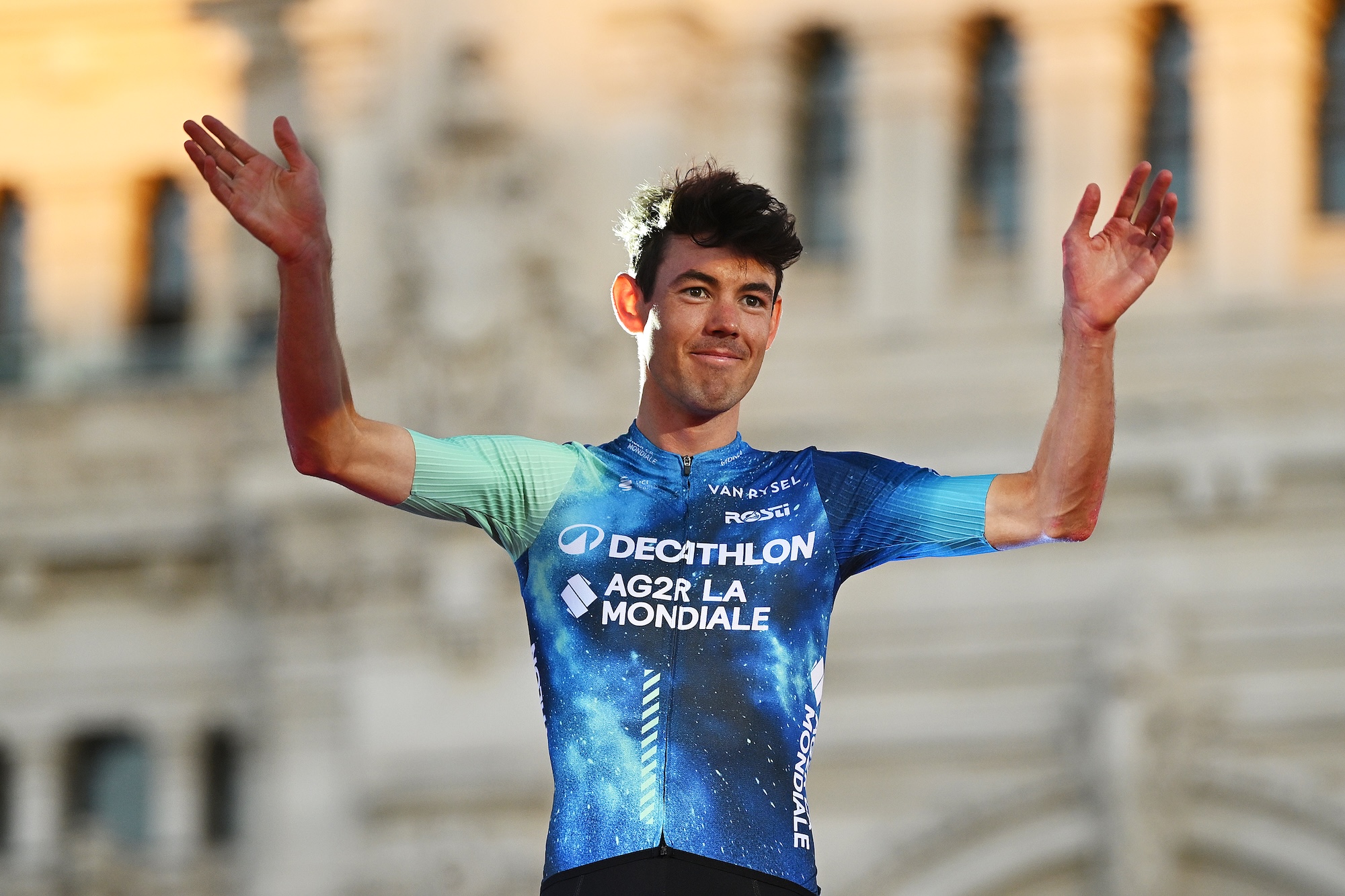 MADRID, SPAIN - SEPTEMBER 08: Ben O'Connor of Australia and Team Decathlon AG2R La Mondiale celebrates at podium as second place winner during the La Vuelta - 79th Tour of Spain 2024, Stage 21 a 24.6km individual time trial stage from Madrid to Madrid / #UCIWT / on September 08, 2024 in Madrid, Spain. (Photo by Dario Belingheri/Getty Images)