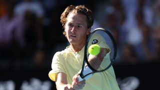 Sebastian Korda of the United States plays a backhand ahead of his quarter-final match at the the 2023 Australian Open at Melbourne Park.