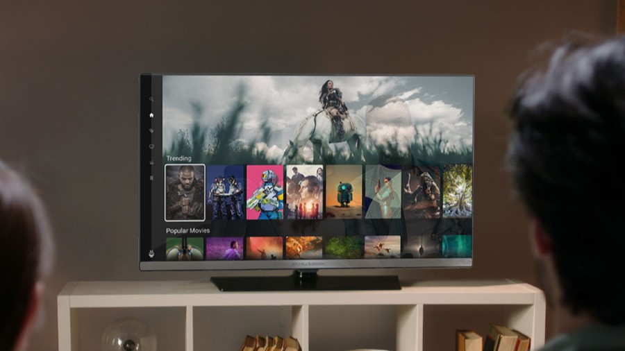 JB-32T1881 TV on a white table stand. Two people are watching it, but you can only see the back of their heads.