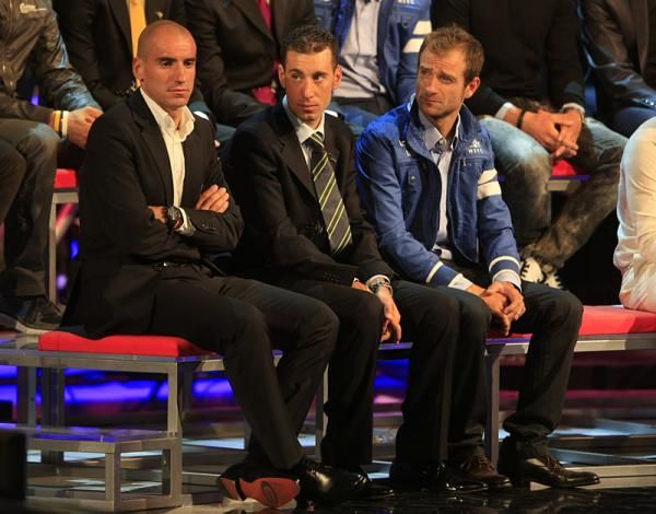 Jose Cobo, Vicenzo Nibali, Michele Scarponi at the 2012 Giro d'Italia presentation
