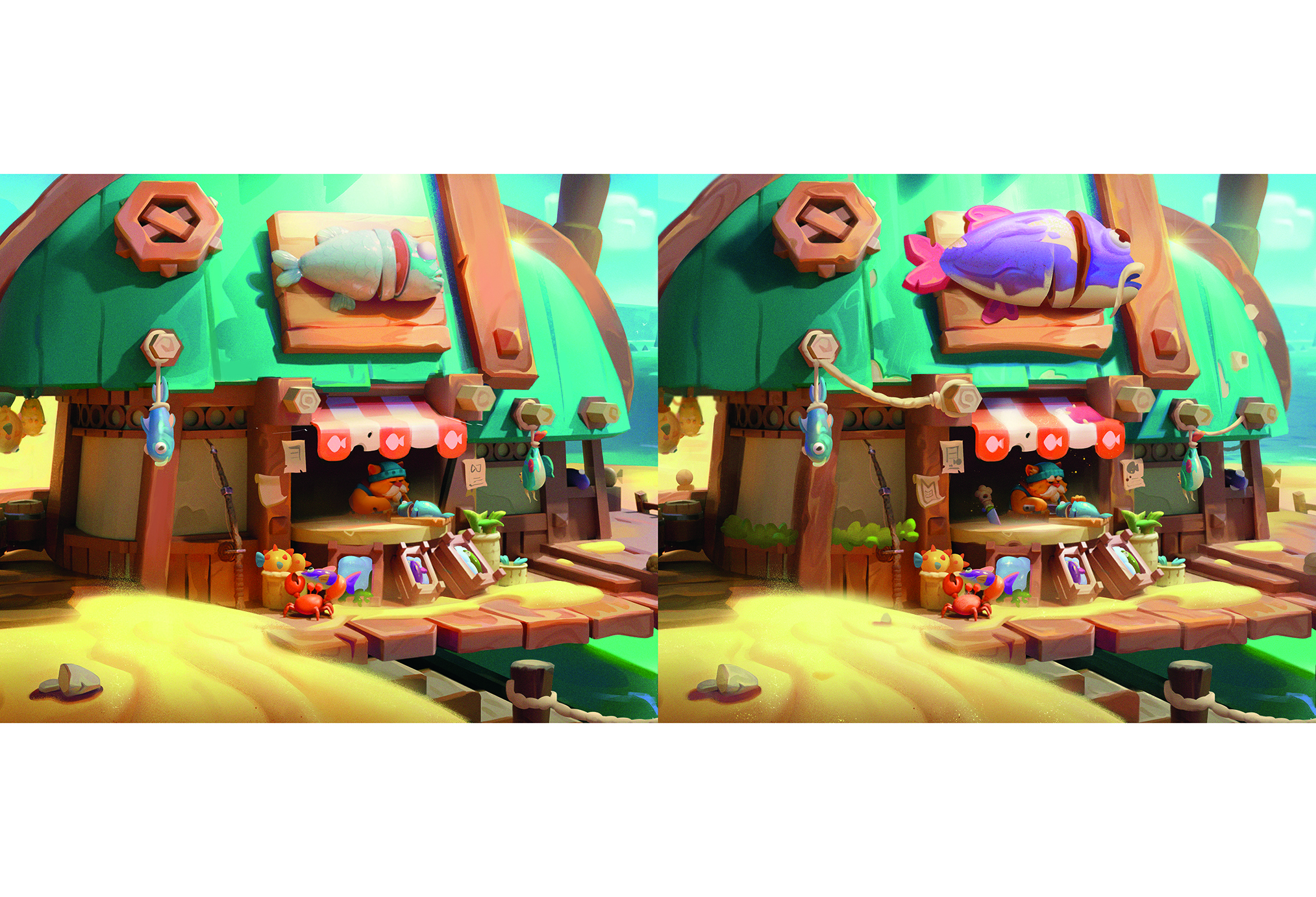 Side by side shots of a 3D render of a beach hut