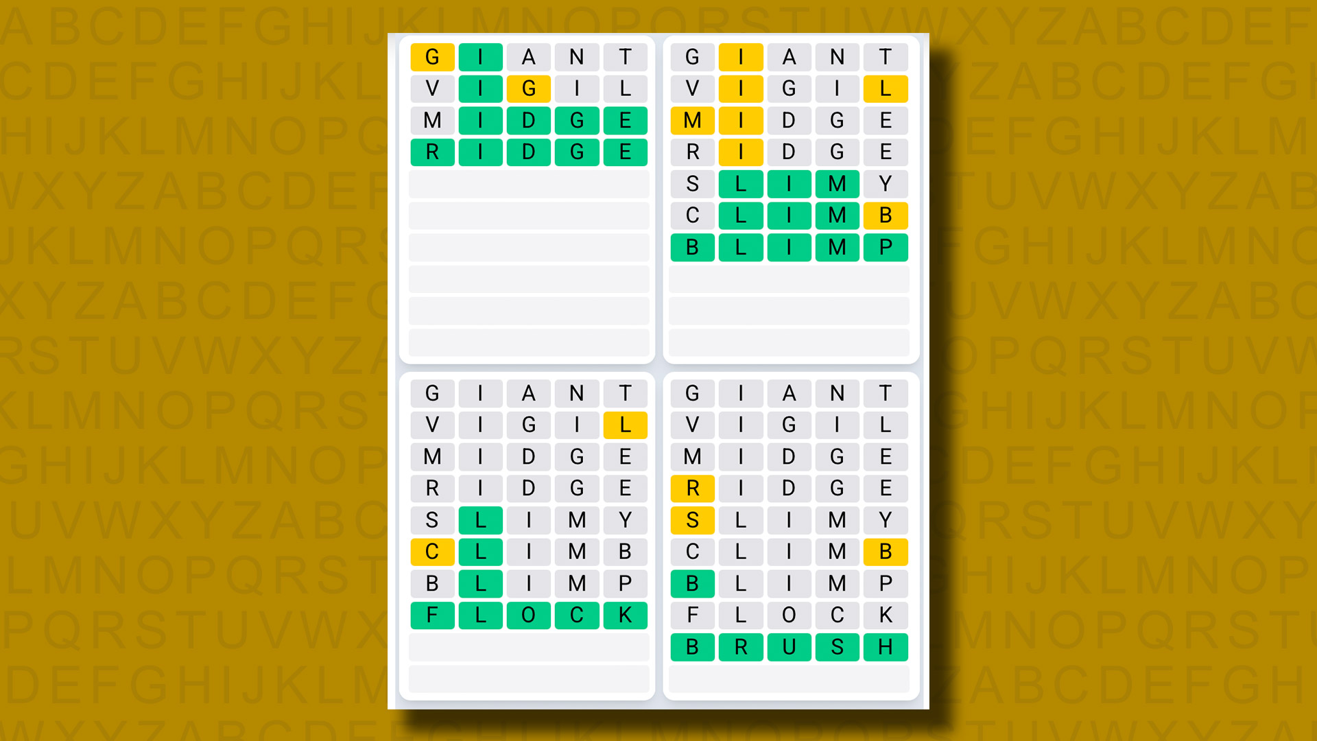 Quordle Daily Sequence answers for game 1302 on a yellow background