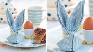 Bunny napkin in a yellow egg cup with an egg in a white egg cup and toast fingers on a white plate with a floral design.