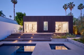 Rear view and garden with pool at Centered Home in LA by Annie Barrett + Hye-Young Chung