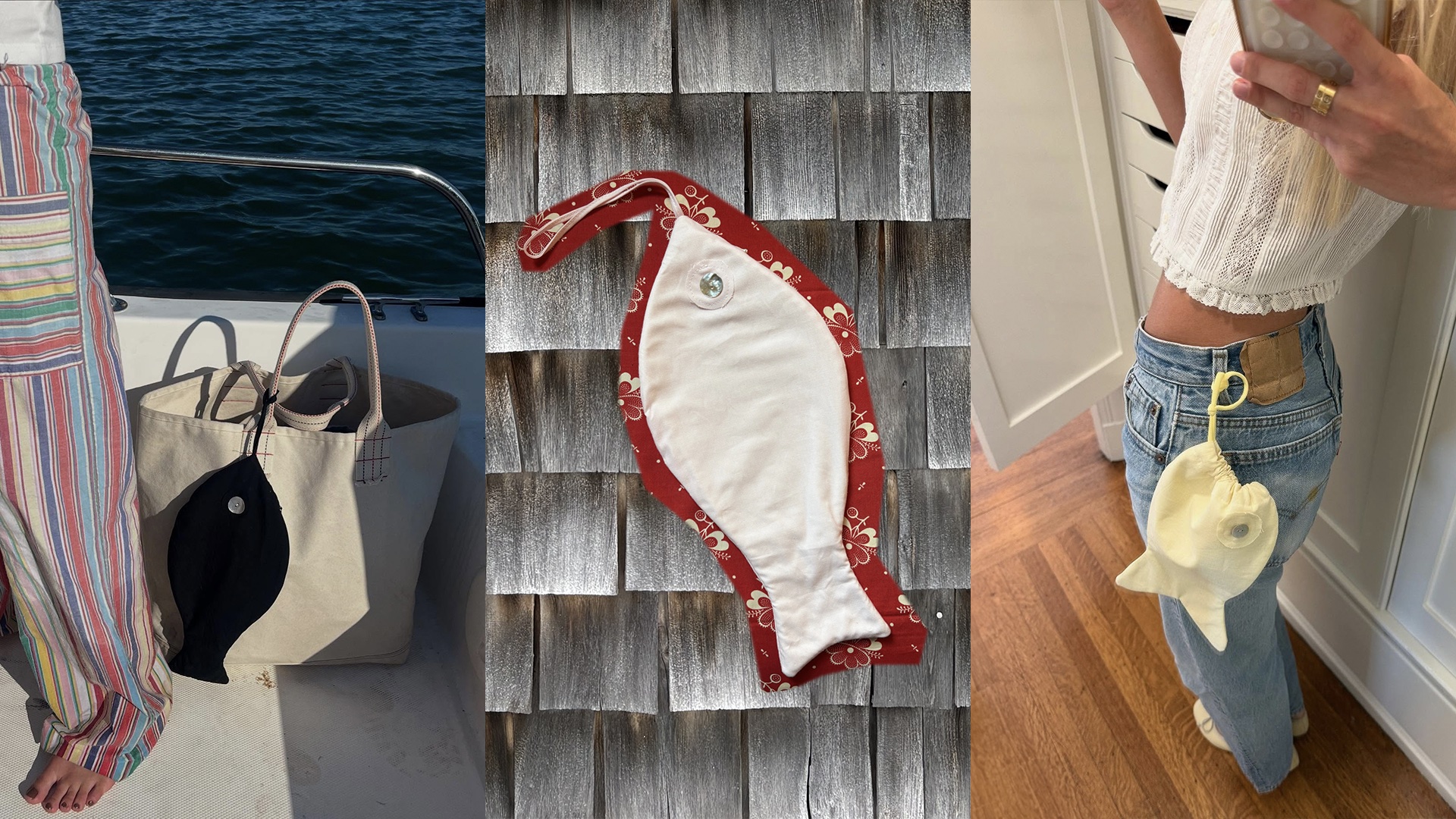 Fashion collage featuring Tonset Road fish bags by Martine Lavelle.
