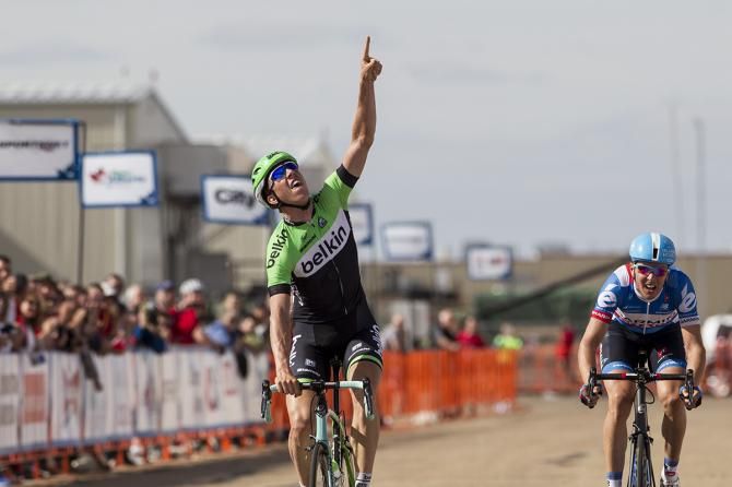 Sep Vanmarcke (Belkin) points to the sky after winning stage 3 in dedication of Igor Decraene