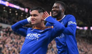 Carlos Alcaraz of Everton celebrates his goal with Ainsley Maitland-Niles during the Carabao Cup Third Round match against Wolves at Hill Dickinson Stadium on September 16, 2026 in Liverpool, England