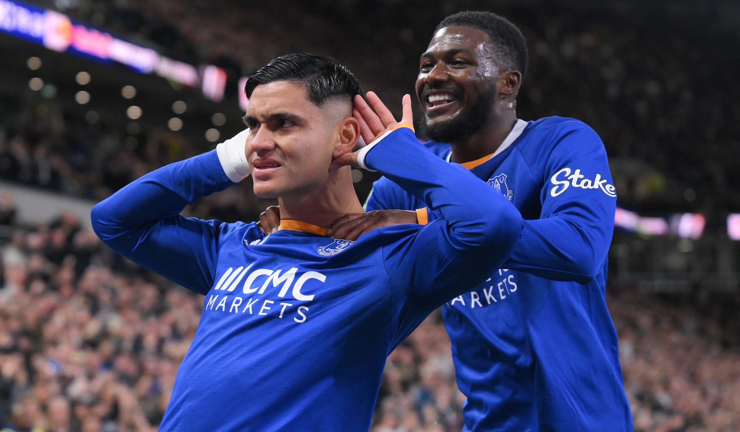 Carlos Alcaraz of Everton celebrates his goal with Ainsley Maitland-Niles during the Carabao Cup Third Round match against Wolves at Hill Dickinson Stadium on September 16, 2026 in Liverpool, England